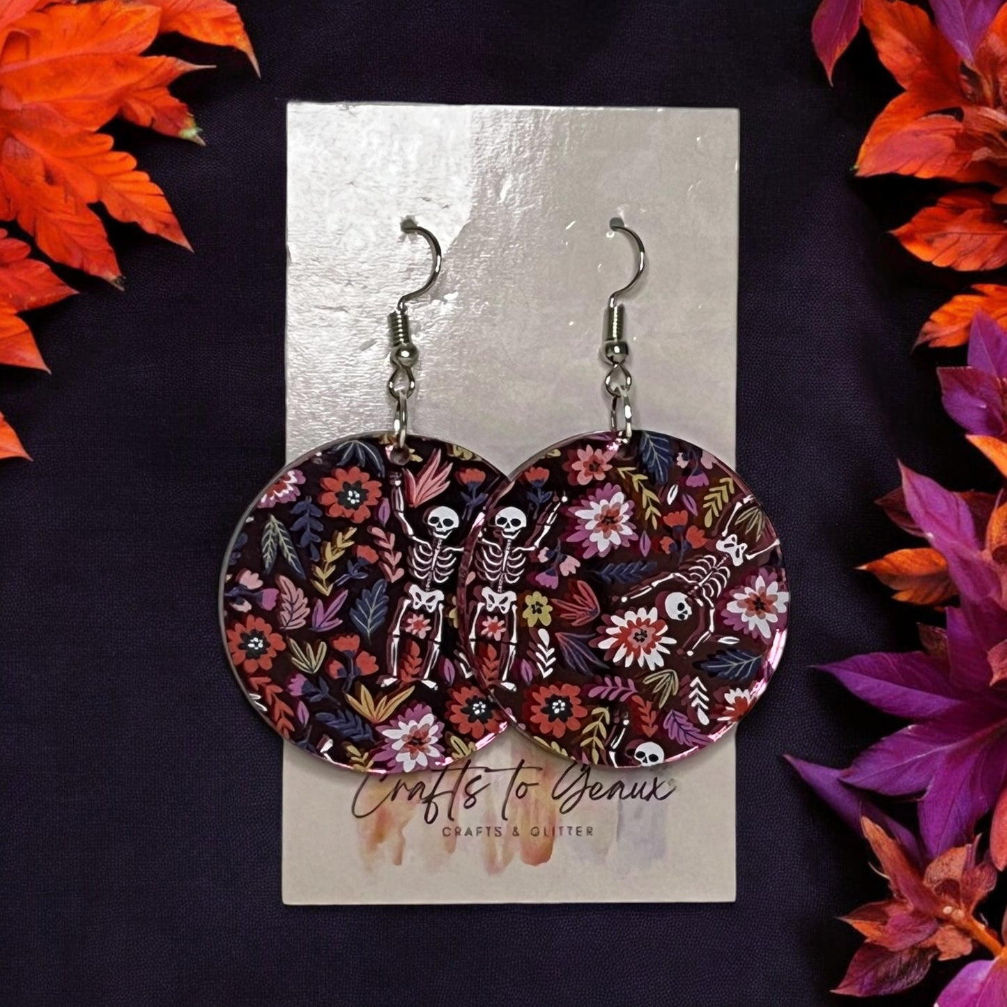 Skeletons and Flowers Round Earrings