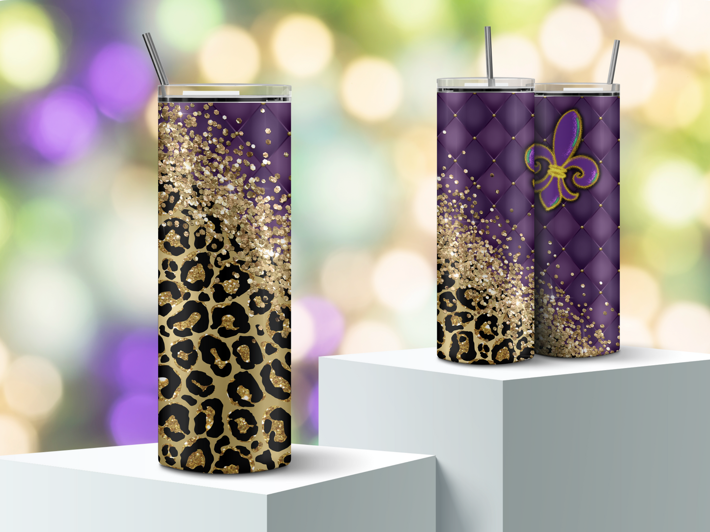 Fluer di lis leopard glitter tumbler